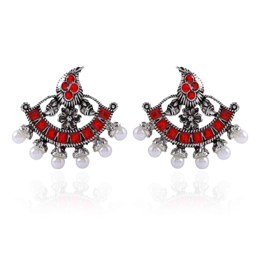 Estele Oxidised Silver Plated Afghani Tribal Beads Stud Earrings For Women : 751709-IGER