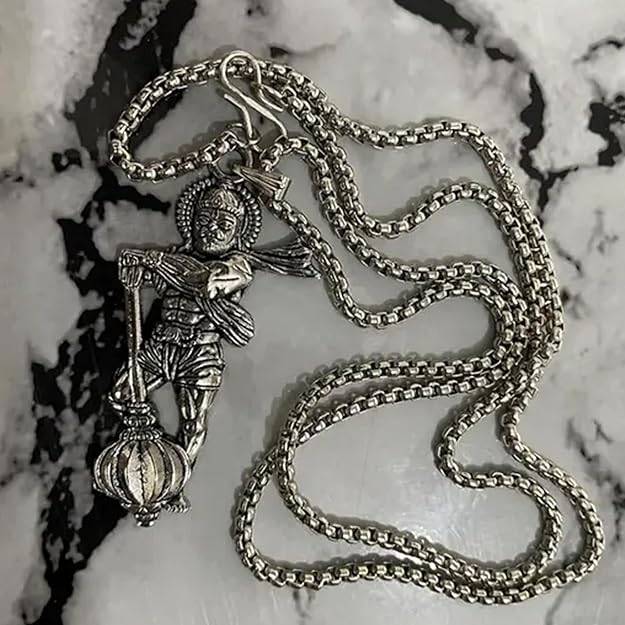 Gehena By Estele Powerful Bajrangbali Hanuman Ji With Gada (Mace) Locket Pendant For Men: Silver Oxidize : OSAK048-IROXPENDANT