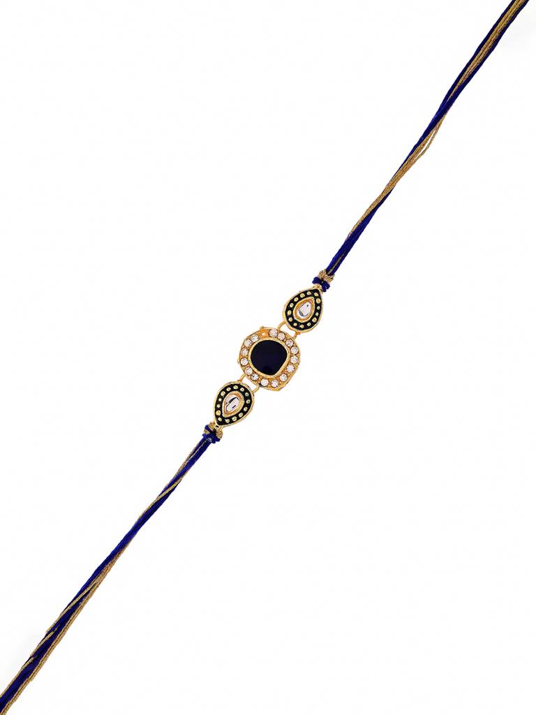 Faux Kundan Gems Blue And Gold Thread Rakhi For Brother : 8905124525205