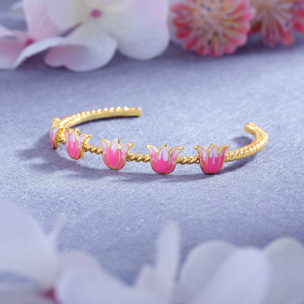 Estele Gold Plated Pink Enamel Lotus Designer Enchanting Cuff Bracelet For Girl'S & Women : AD-063-IGBR