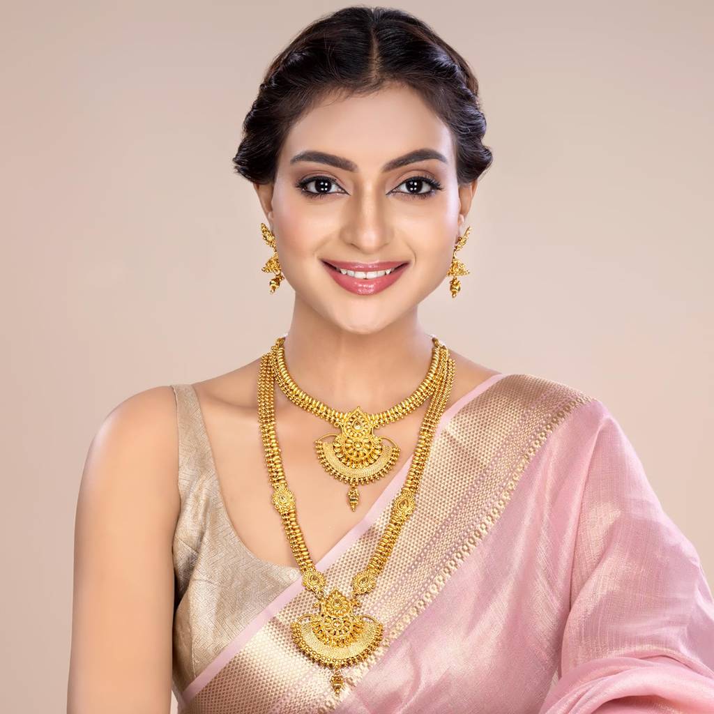 Traditional Ethnic Gold Plated Maharashtrian Celebration Wear Bridal Choker Long Haram Necklace With Jhumka Earrin : PF04BR328