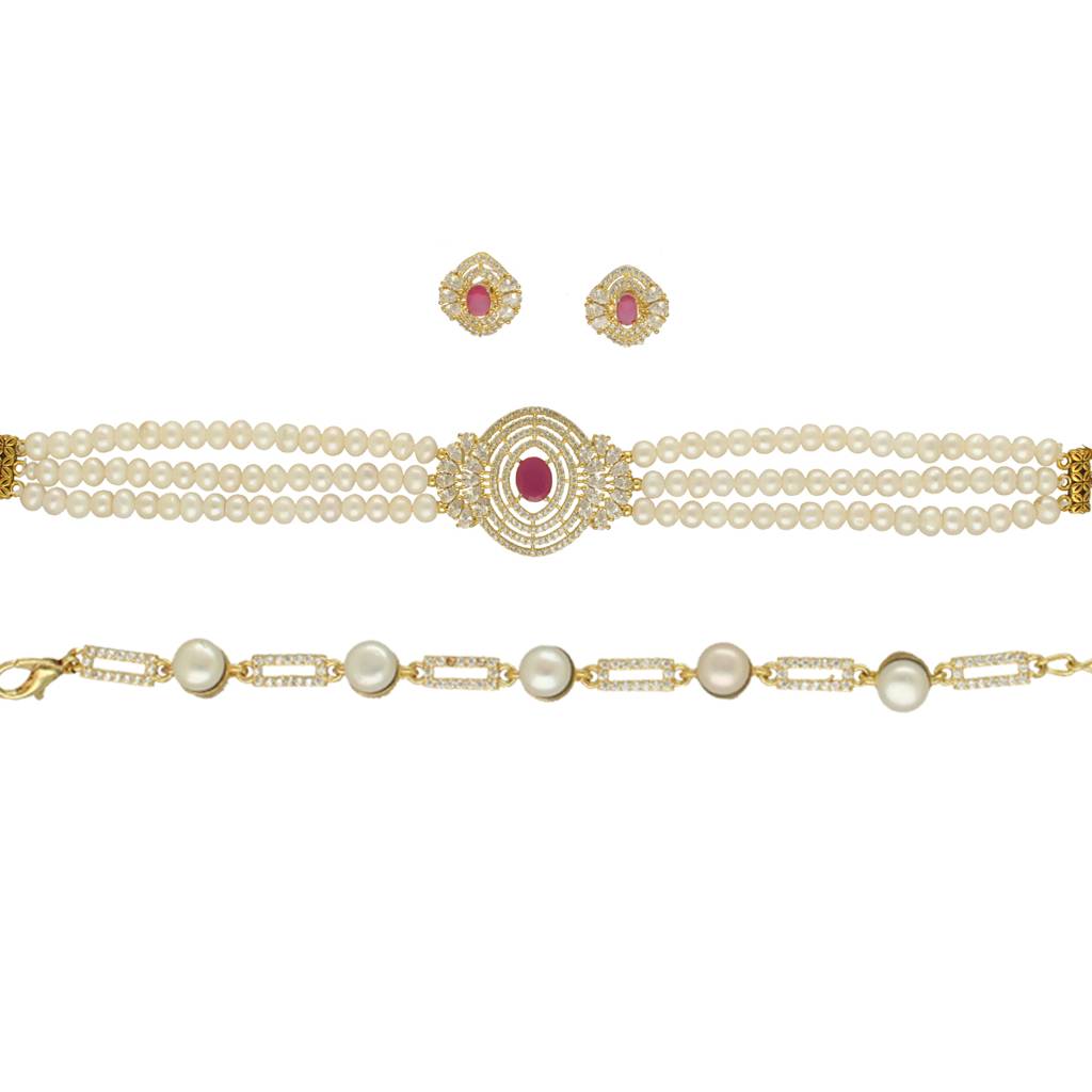 Duchess Bloom Pearl Choker Set With Bracelet : JPAUG-25-138