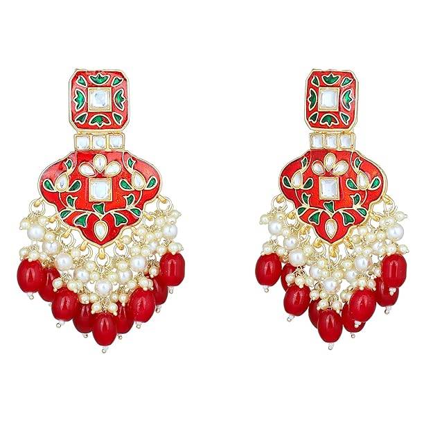 Estele Gold Plated Splendid Designer Gehena Earrings With Red Enamel & Beads For Women : PJ-014-IGRBER