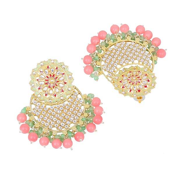 Estele Gold Plated Fascinating Gehena Drop Earrings With Green & Pink Beads For Women : PJ-011-IGMGMPER