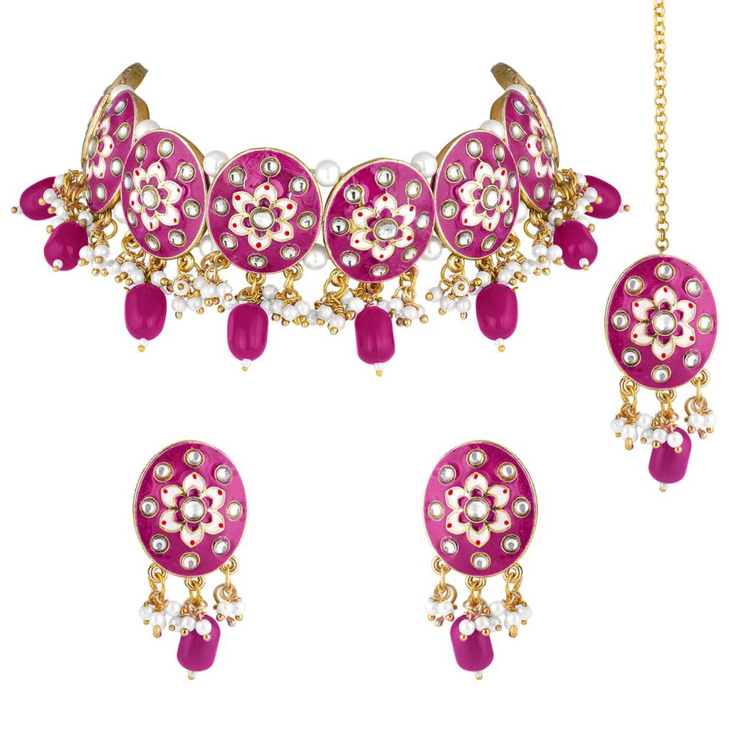 Gold Plated Rani Pink Meenakari Enamel Choker Necklace With Earring Maang Tikka Fashion Jewellery Set For Women G : PF27N666RP