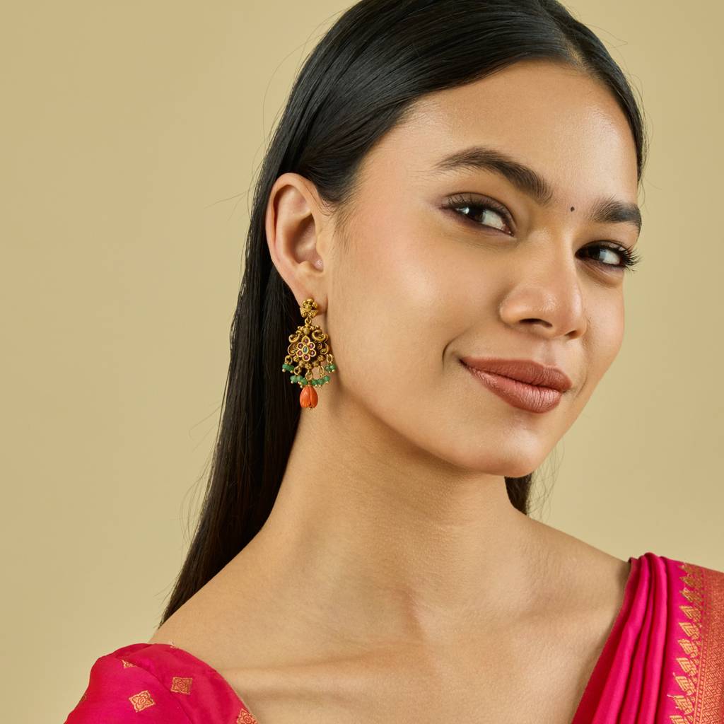 Kushal'S Fashion Jewellery Ruby-Green Gold-Plated Ethnic Antique Earring Drop Earrings-185207 : 441954