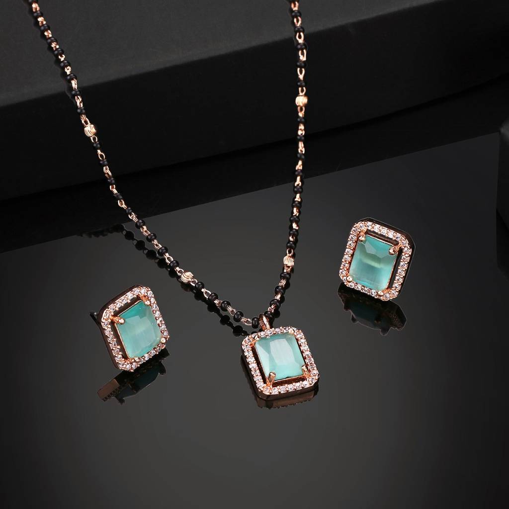 Estele Rose Gold Plated Cz Graceful Mangalsutra Necklace Set With Mint Green Stone For Women : ADMS041-RGMGNKER