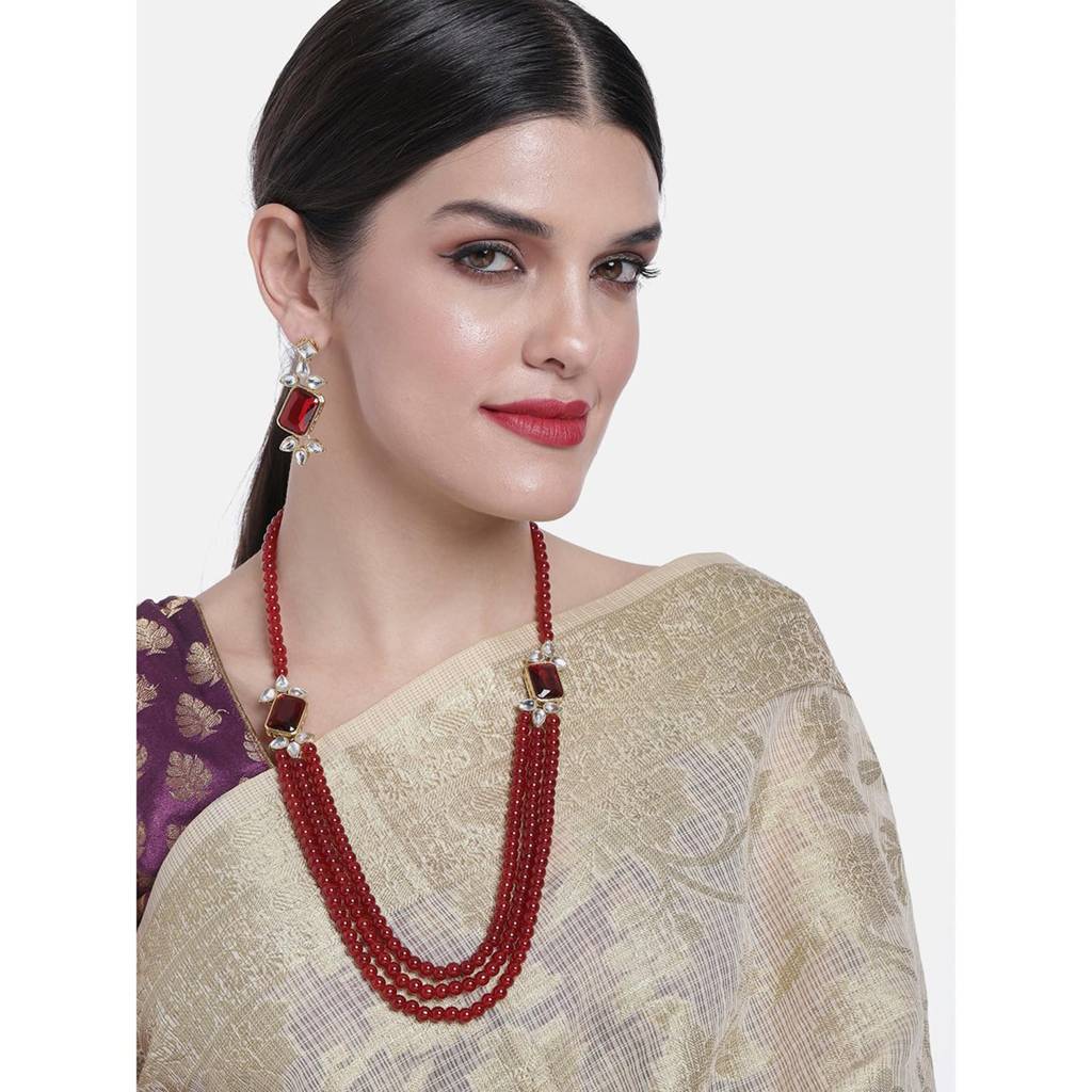 Gold Plated Bridal Maroon Pearl Kundan Multi-Strand Necklace Traditional Indian Jewellery Set For Women With Earri : PF25N014M