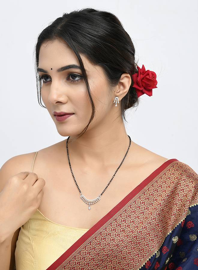 Sparkling Elegance Silver Plated Round Cut Cz Mangalsutra Set : 8905124522747
