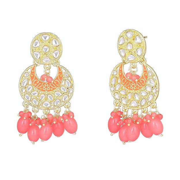 Estele Gold Plated Fascinating Gehena Chandbali Earrings With Mint Pink Beads For Women : PJ-006-IGMPER