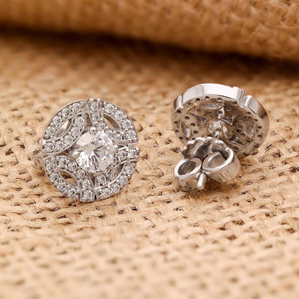 925 Silver Halo Round Cz Stud Earrings | Sparkly Bridal Jewelry Gift For Women : SE_000721