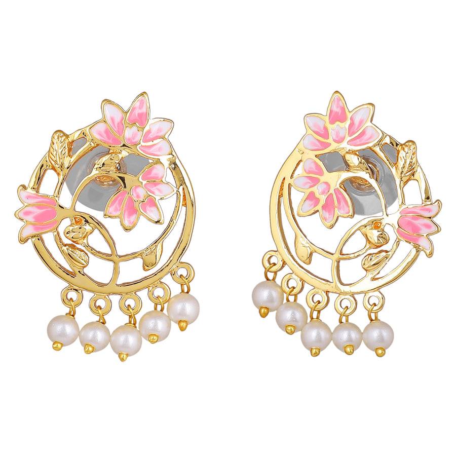 Estele Gold Plated Pink Enamel Lotus & Creeper Designer Pearl Drop Earrings For Girl'S & Women : 10190-IGER