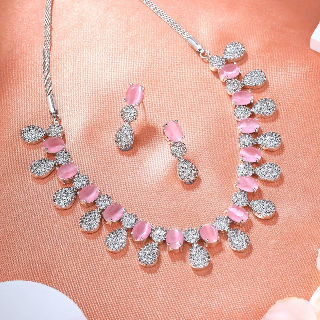 Estele Rhodium Plated Cz Oval Designer Necklace Set With Mint Pink Crystals For Women : AD-704-IR-MPNKER