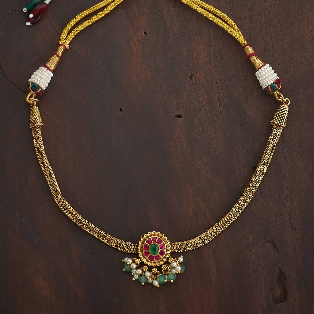 Kushal'S Fashion Jewellery Ruby-Green Gold-Plated Ethnic Antique Necklace-181029 : 432962
