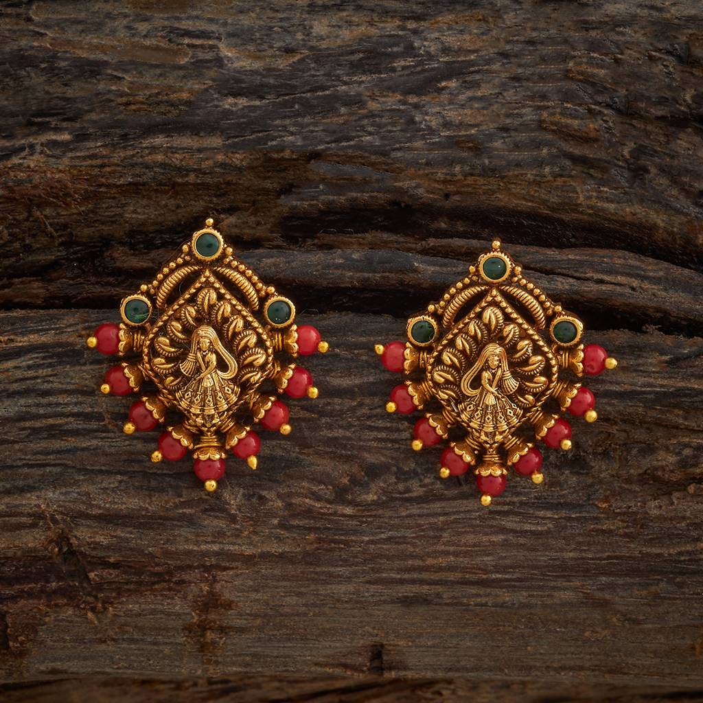 Kushal'S Fashion Jewellery Green Gold-Plated Ethnic Antique Studs-435519 : 435519