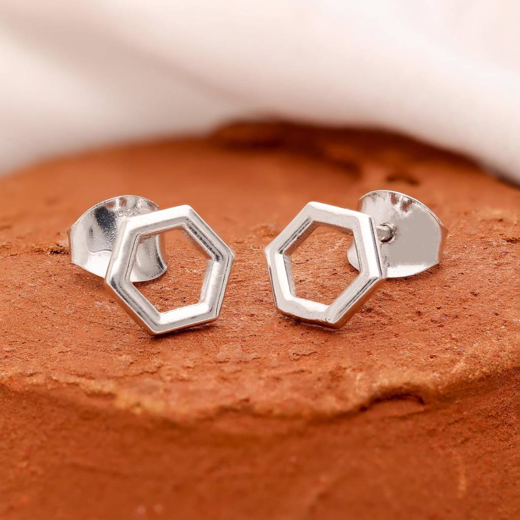 925 Silver Hexagon Open Shape Stud Earrings Â Modern Geometric Unisex Jewelry : SE_000638