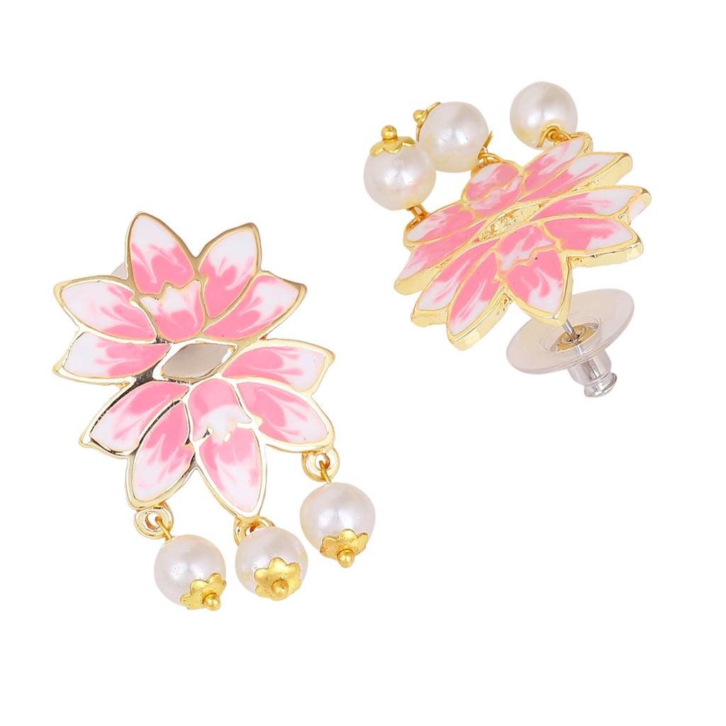 Estele Gold Plated Alluring Lotus Designer Pearl Drop Earrings With Pink Enamel For Girl'S & Women : 10198-IGER