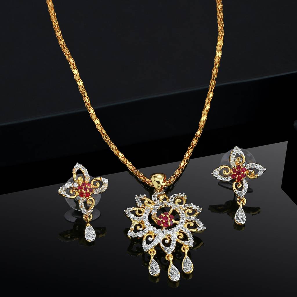 Estele Gold & Rhodium Plated Cz Blossom Designer Pendant Set For Women : AD-041NKER