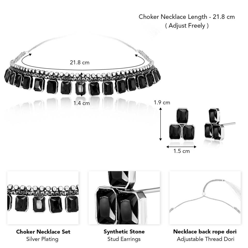 Silver Plated Black Synthetic Stone Studded Choker Necklace Stud Earrings Ethnic Jewellery Set For Women & Girls : PF04NK10348B