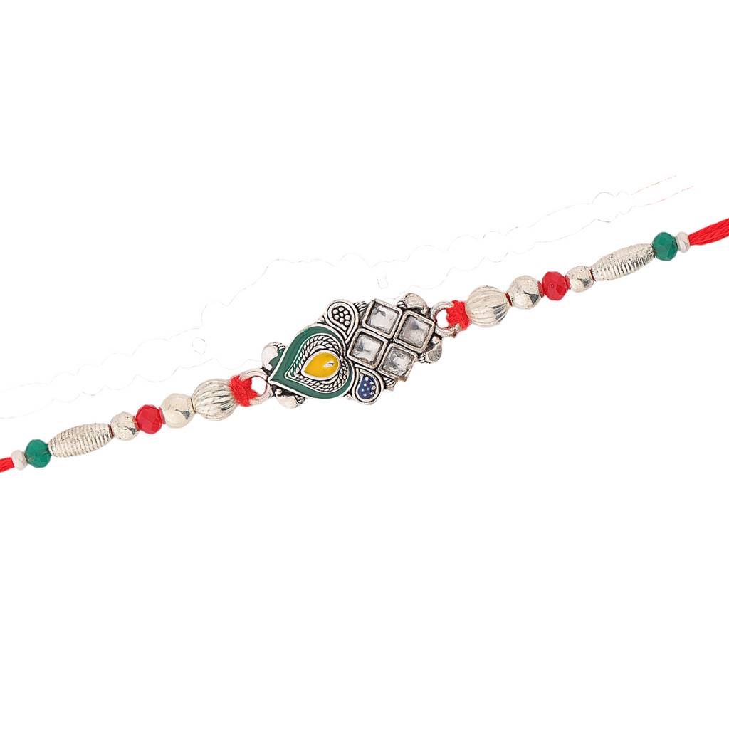 Regal Kundan Peacock Feather Thread Rakhi For Brother : 8905124561708