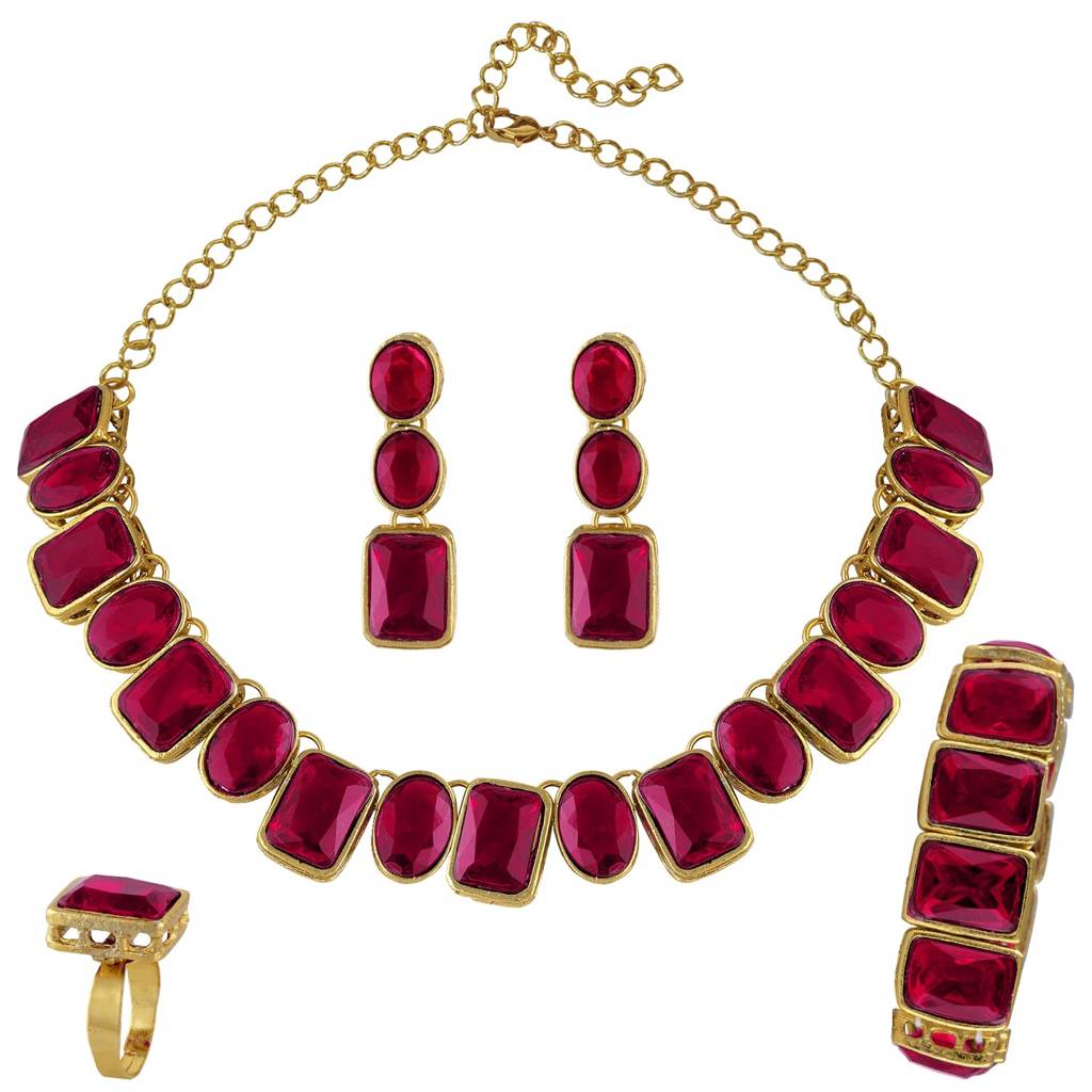 Gold Plated Square Rani Pink Crystal Necklace With Drop Earrings Bracelet Finger Ring Indian Ethnic Set For Women  : PF24N18RP