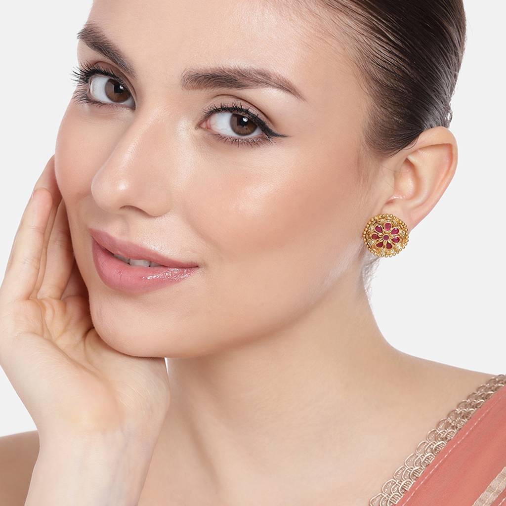 Estele Gold Plated Floral Designer Matte Finish Stud Earrings With Ruby Crystals For Women : AD-116714-IGRBER