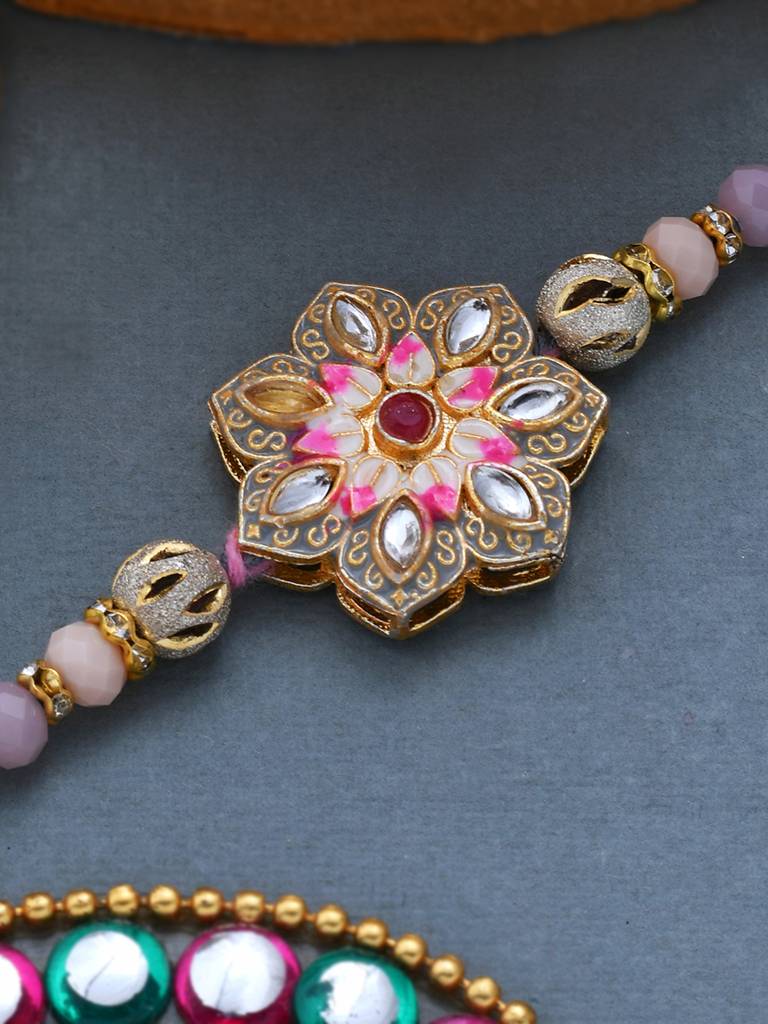 Meenakari Kundan Embellished Pink Floral Enamel Work Rakhi : 8905124461572