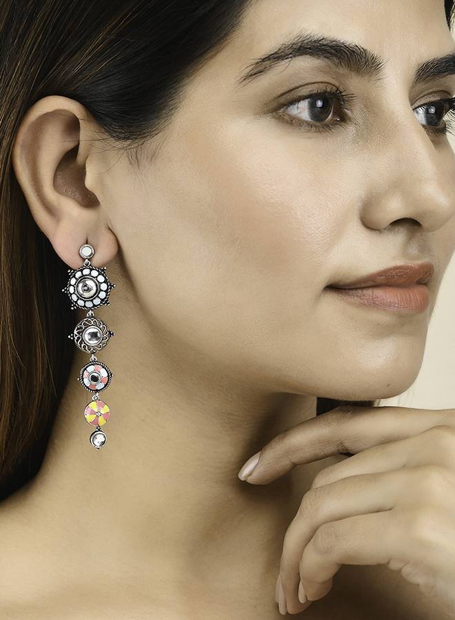 Folklore Circles Long Drop Enamelled Earrings : 8905124477580