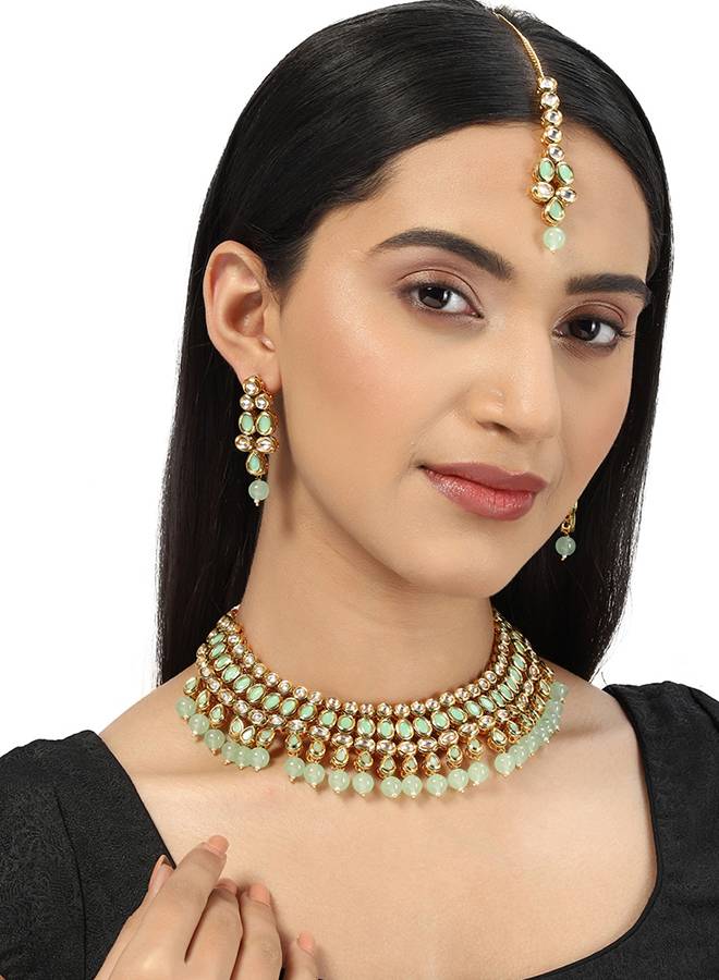 Kundan Gold Plated Mint Green Tumble Beads Necklace Set : 8905124438048