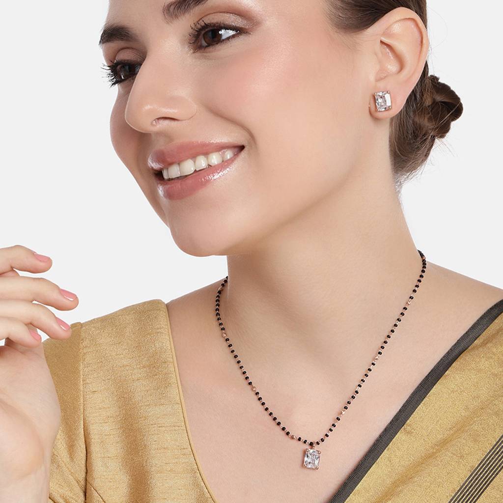 Estele Rose Gold Plated Cz Square Designer Mangalsutra Necklace Set With White Stone For Women : ADMS039-RGWENKER