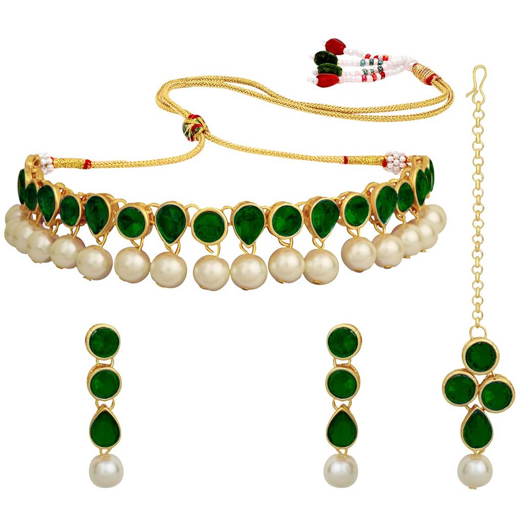 Kundan Pearl Traditional Ethnic Choker Necklace Earring Maangtikka Jewellery Set For Women-Pf24N47 : PF24N47G