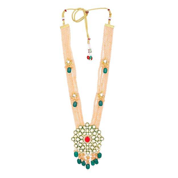 Estele Gold Plated Elegant Gehena Long Necklace Set With Peach & Green Beads For Women : PJ-029-IGPHGNNKER