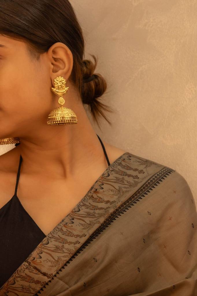 Dulari Intricate Flower Motif Gold Plated Grand Jhumka : SE2030-1-1-1