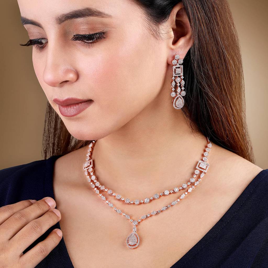 Cubic Zirconia Studded Two Layer Pendant Style Necklace & Drop Earrings Fancy Western Jewellery Set For Women-Pf67 : PF67N107C