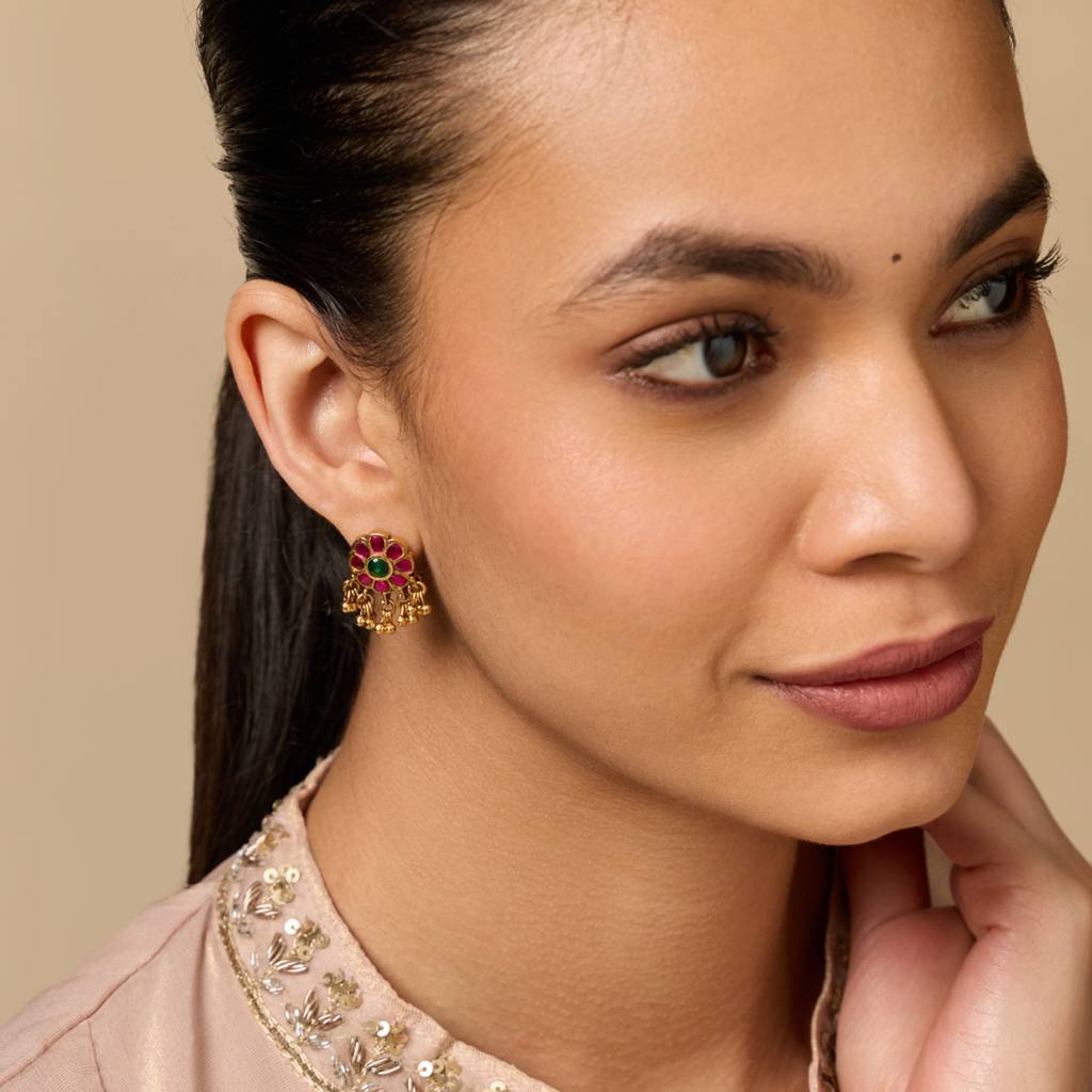 Ruby-Green Gold-Plated Ethnic Antique Studs-449421 : 449421