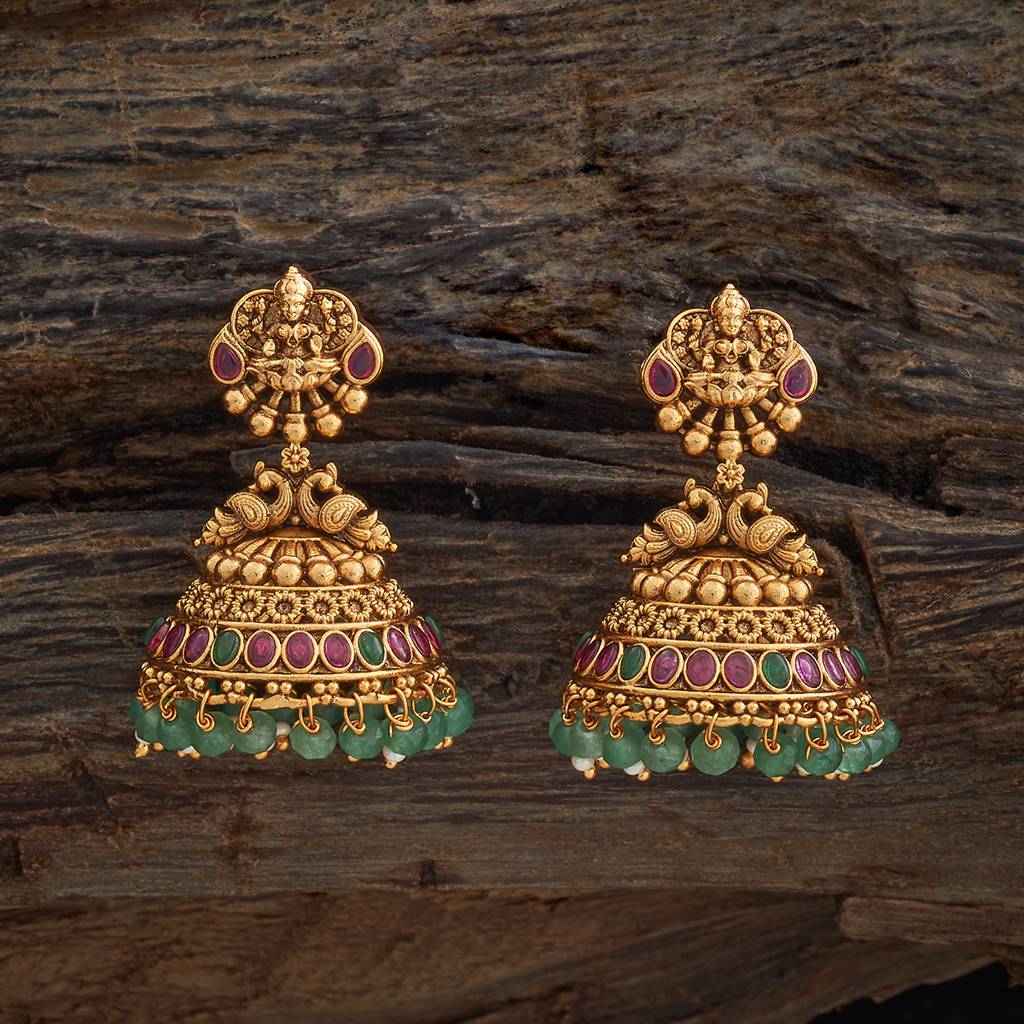Kushal'S Fashion Jewellery Ruby-Green Gold-Plated Ethnic Antique Earring Jhumkas-181466 : 433678