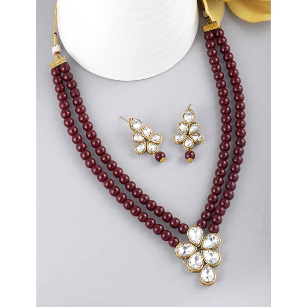 Crystal Faux Pearl Long Necklace With Drop Earrings Traditional Ethnic Jewellery Set For Women Girls-Pf24N184 : PF24N184M