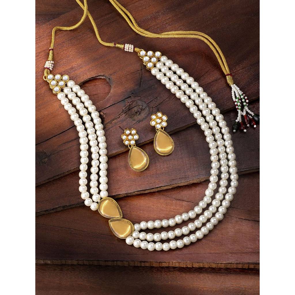 Pearl Mala Necklace & Earrings For Women Girls Traditional Ethnic Jewellery Set-Pf26N1145 : PF26N1145LCT