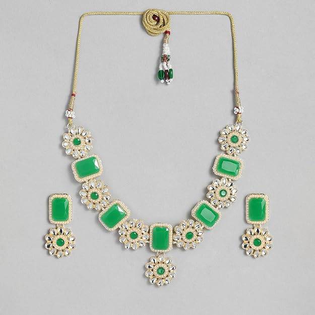 Estele Gold Plated Fascinating Designer Gehena Necklace Set With Green Stone For Women : PJ-026-IGGNNKER