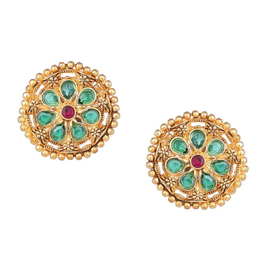 Estele Gold Plated Floral Designer Matte Finish Stud Earrings With Multi-Color Crystals For Women : AD-116714-IGMCER