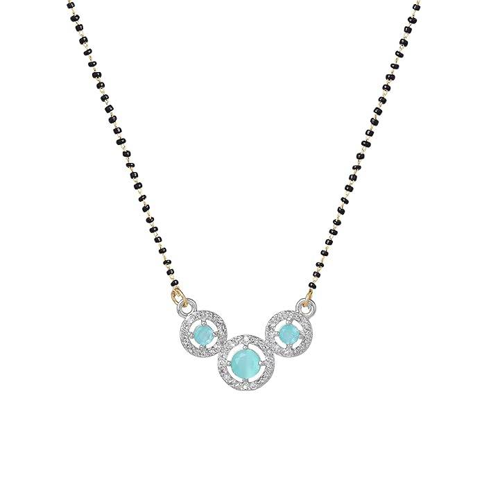 Gold & Rhodium Plated Dazzling Trio Circular Pendant Mangalsutra Chain With Black Beads & Mint Green Crys : OSAKMS007-2TNMGNK