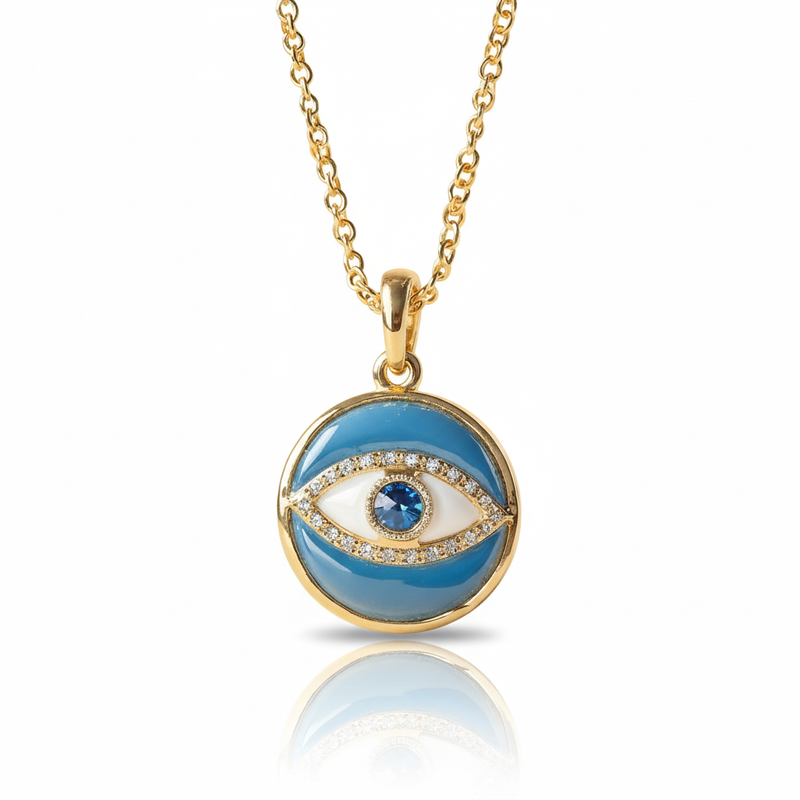 Bright Blue Enamel Charm Round Evil Eye Moissanite Necklace : TGDPE-3-Y