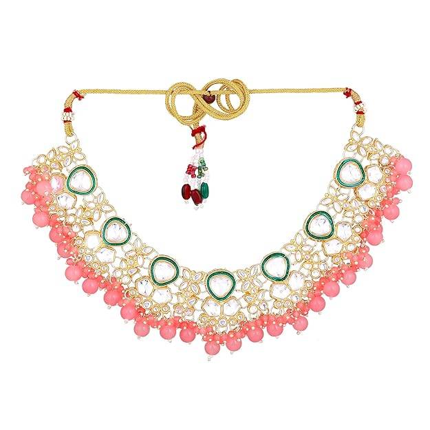 Estele Gold Plated Glittering Gehena Necklace Set & Maang Tikka With Mint Pink Beads For Women : PJ-038-IGMPNKERTK