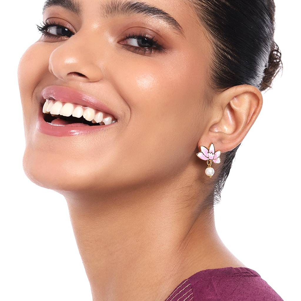 Estele Gold Plated Lotus Designer Elegant Pearl Drop Earrings With Pink Enamel For Girl'S & Women : 10196-IGER
