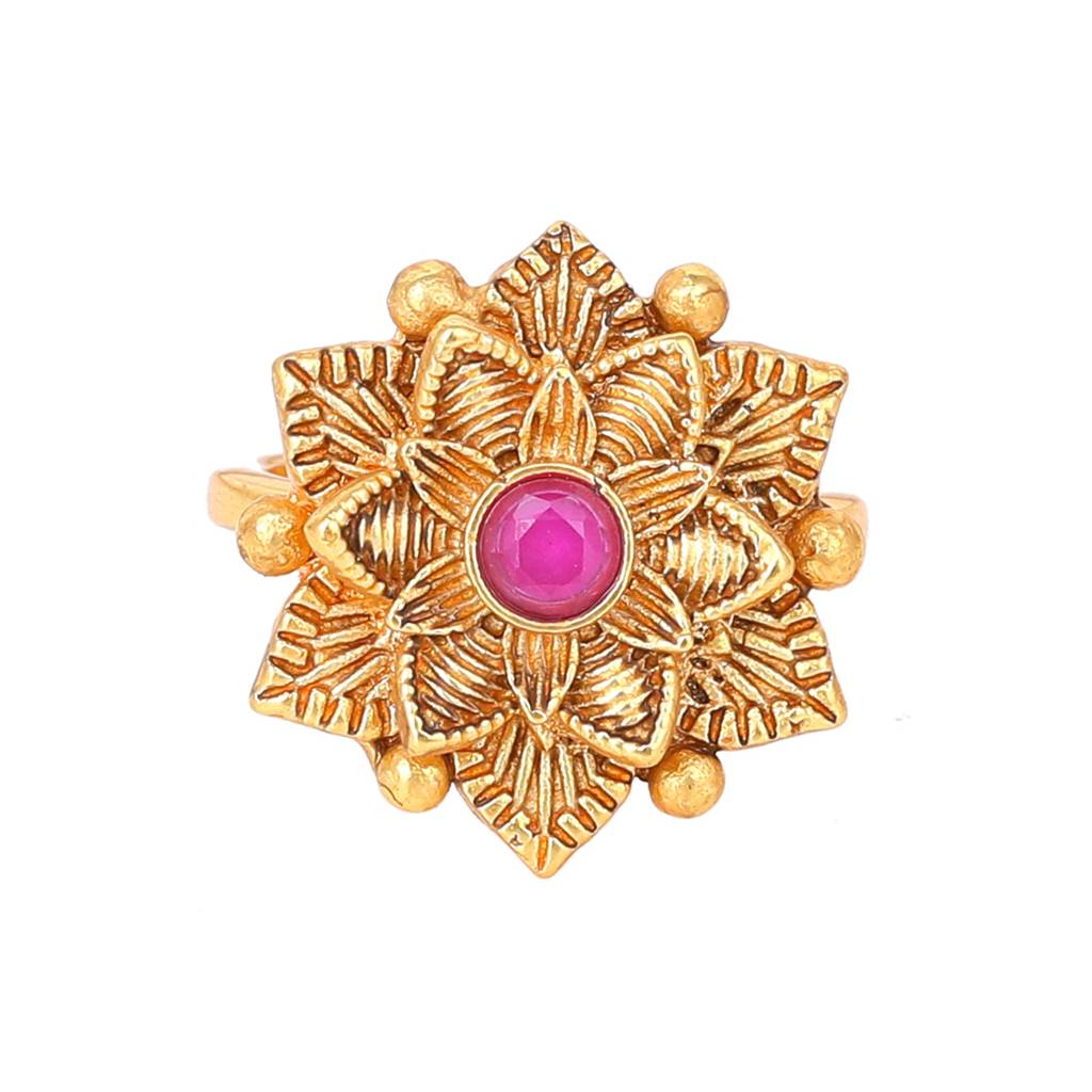 Estele Gold Plated Flower Designer Matte Finish Finger Ring With Ruby Crystal For Women : AD-151-IGRBRING