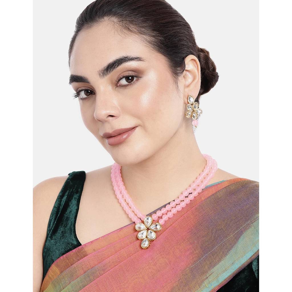 Crystal Faux Pearl Long Necklace With Drop Earrings Traditional Ethnic Jewellery Set For Women Girls-Pf24N184 : PF24N184PK