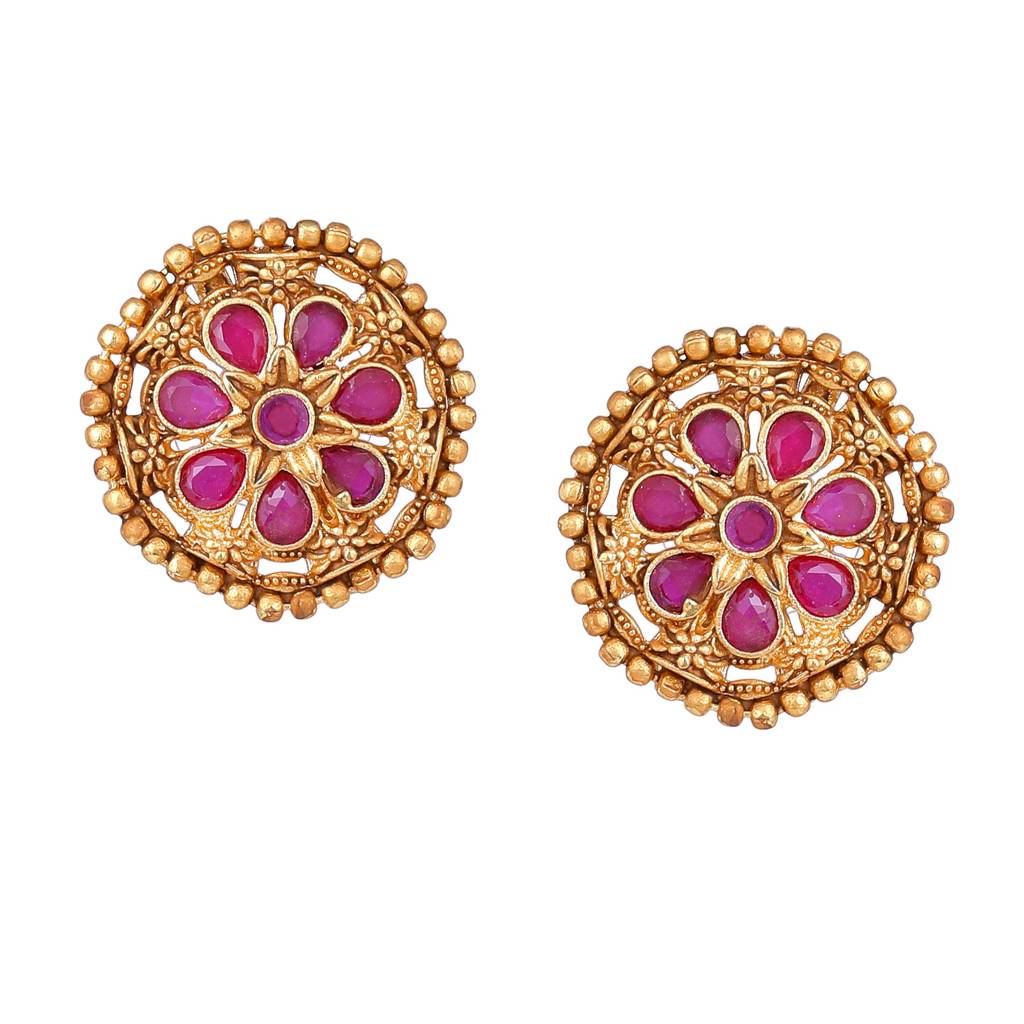 Estele Gold Plated Floral Designer Matte Finish Stud Earrings With Ruby Crystals For Women : AD-116714-IGRBER