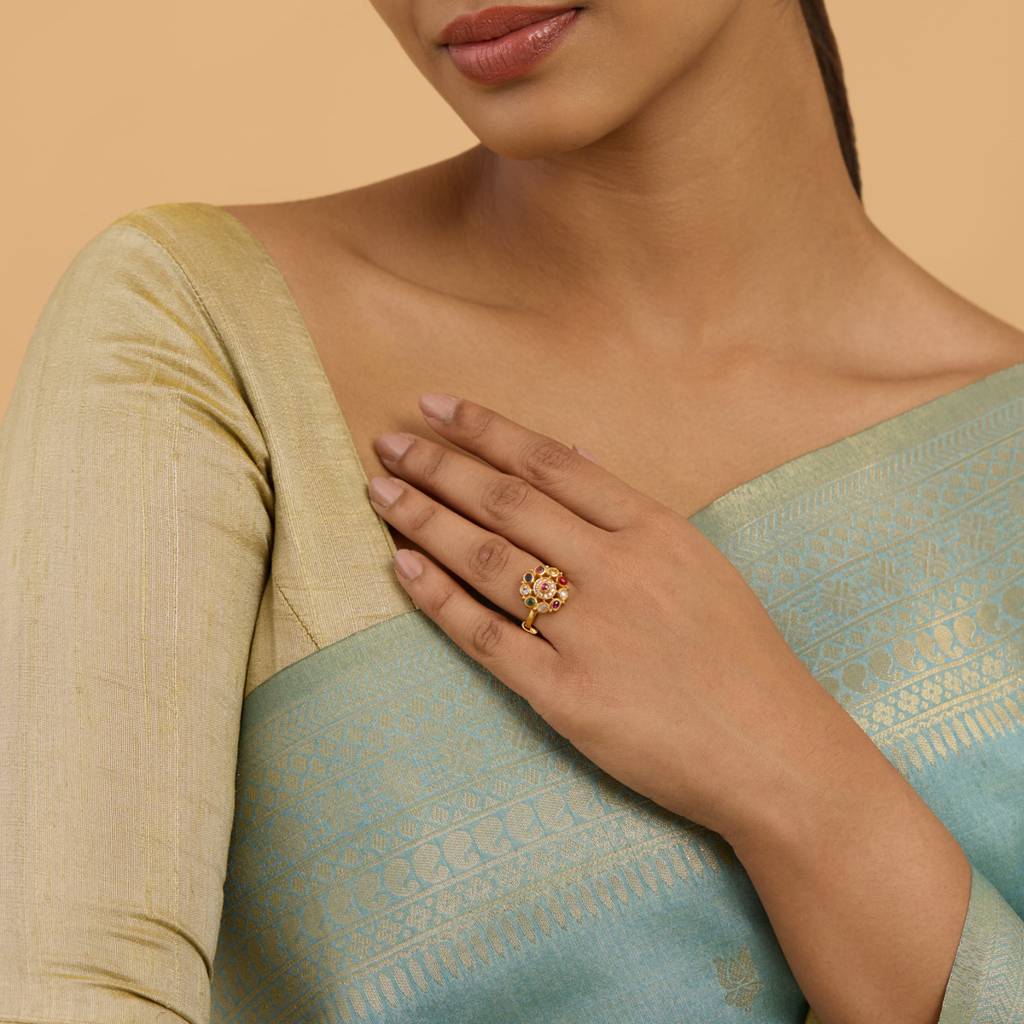 Kushal'S Fashion Jewellery Navaratna Gold Plated Artificial Stones Studded Finger Ring : 426728