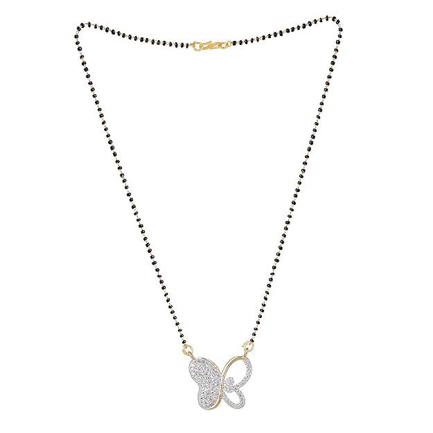 Gold & Rhodium Plated Chic & Dazzling Butterfly Pendant Mangalsutra Chain With Black Beads & White Crysta : OSAKMS012-2TNWENK