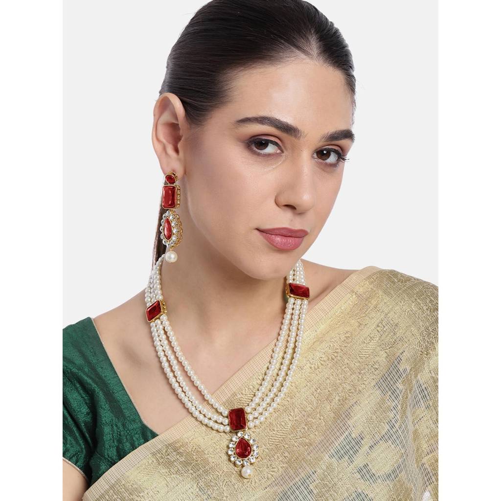 Gold Plated Kundan Long Necklace Earring Indian Traditional Jewellery Set Gift For Women Girls-Pf24N34 : PF24N34M